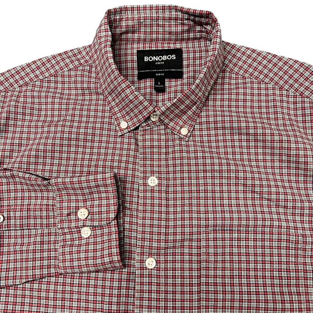 Bonobos Mens Slim Fit Stretch Button Down Shirt Red Grey Check Plaid Large L